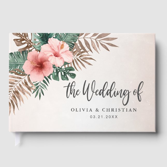 Cream & Green Tropocal Watercolor Floral Wedding Guest Book (Front)