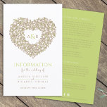 Cream green tulip heart wedding guest information<br><div class="desc">Tulip heart bouquet monogram wedding guest information sheet. Beautiful wedding information leaflet ideal to help your guest understand how to reach your wedding destination and see the schedule, accommodation information and social media hashtag details on your wedding day. Personalise with your own details. Brown inked art, cream rulip flowers, fresh...</div>