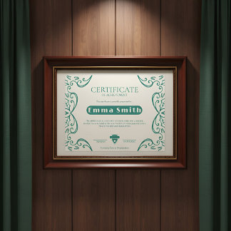 Cream & Green Vine Border Achievement Certificate