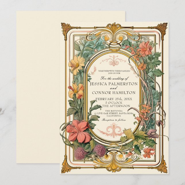Cream Green Vintage Floral Wedding Invitation (Front/Back)