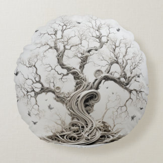 Cream, Grey, and Brown Tree of Life Round Cushion