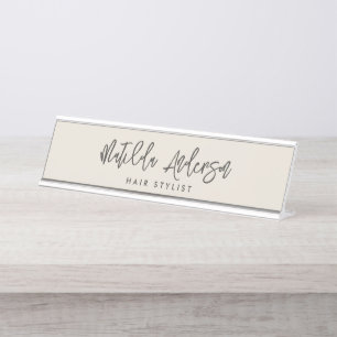 Cream grey modern minimal elegant script  desk name plate