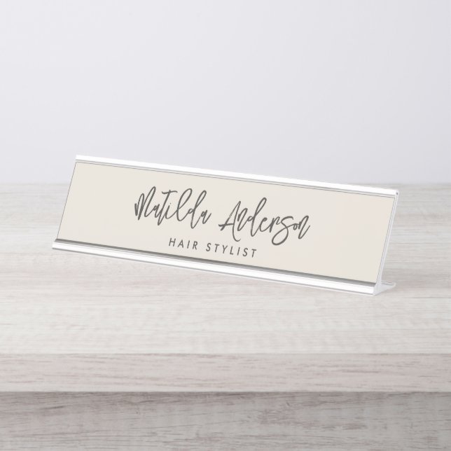 Cream grey modern minimal elegant script  desk name plate (Front)