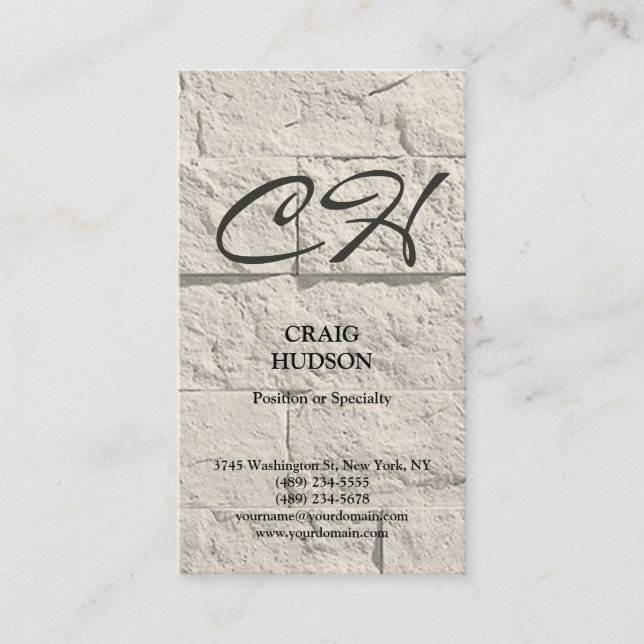 Cream Grey Monogram Wall Brick Business Card (Front)