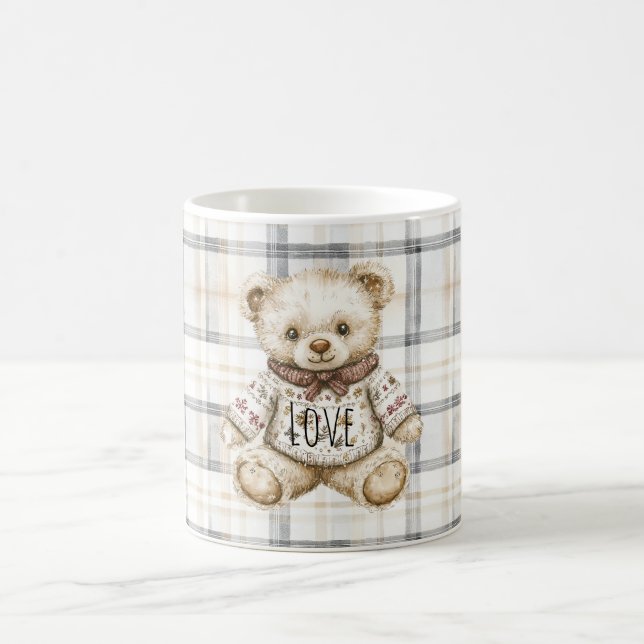 Cream Grey Plaid Stripes Teddy Bear Love Coffee Mug (Center)