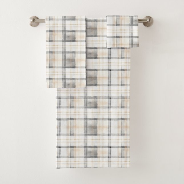 Cream Grey Yellow Plaid Stripes Bath Towel Set (Insitu)