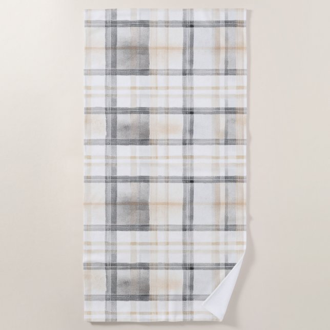 Cream Grey Yellow Plaid Stripes Beach Towel (Front)