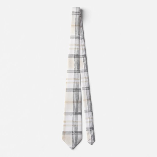 Cream Grey Yellow Plaid Stripes Tie (Front)