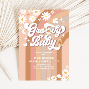 Cream Groovy Baby Hippie Retro Baby Shower Invitation