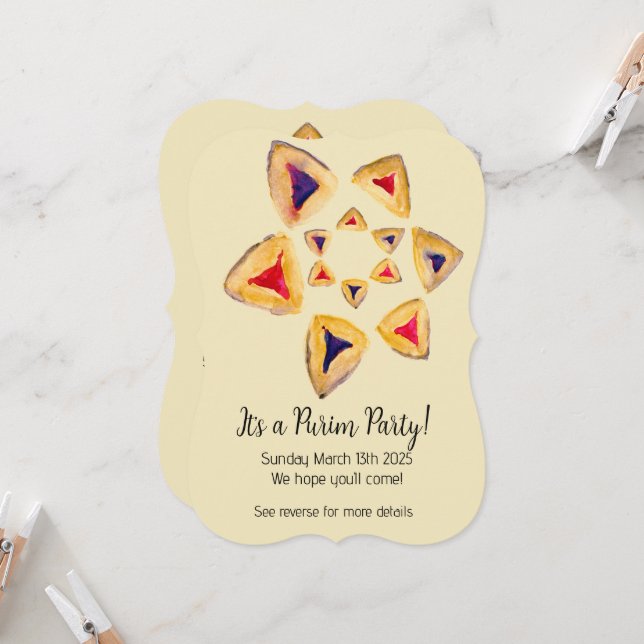 Cream Hamantaschen Star Purim Party Invitations (Front/Back In Situ)