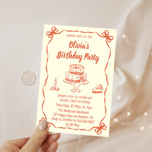 Cream Hand-Drawn Cake & Ribbon Border Birthday  Invitation
