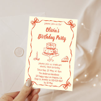 Cream Hand-Drawn Cake & Ribbon Border Birthday Invitation
