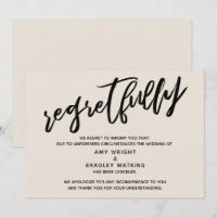 Cream Handwriting Cancelled Wedding Regrets Card