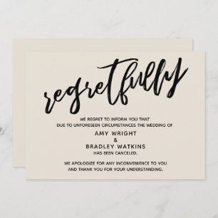Cream Handwriting Cancelled Wedding Regrets Card