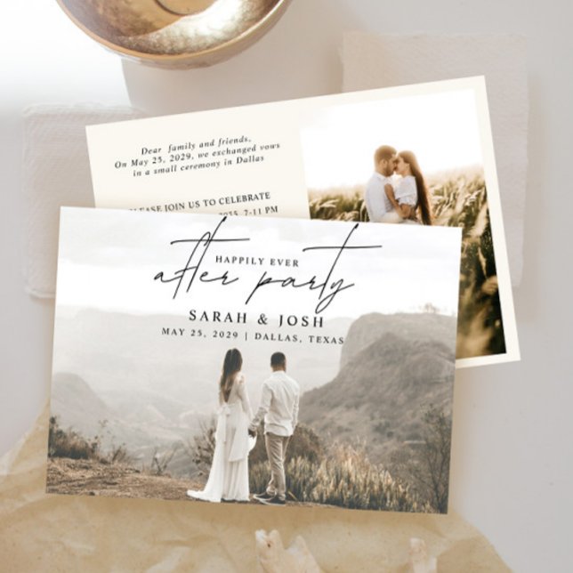 Cream Happily Ever After Party 2 Photo Wedding Announcement (Easily personalize this wedding after party invite with your photos and personal details)