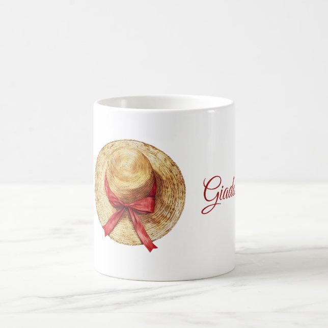 Cream Hat Red Bow Name Coffee Mug (Center)