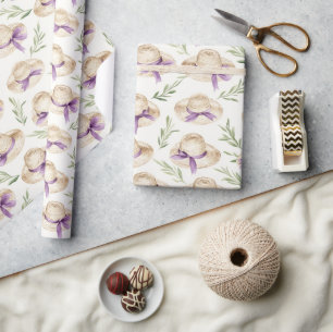 Cream Hats Purple Ribbons Birthday Wrapping Paper
