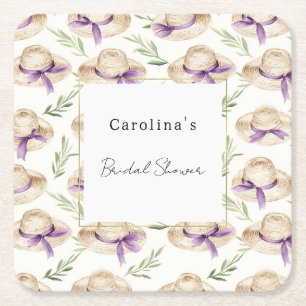Cream Hats Purple Ribbons Bridal Shower Square Paper Coaster
