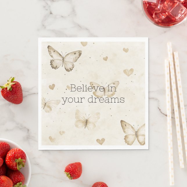 Cream Hearts Butterflies Birthday Napkin (Insitu)