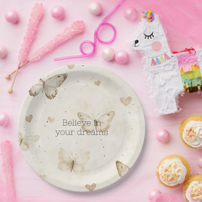 Cream Hearts Butterflies Birthday Paper Plate (Party)