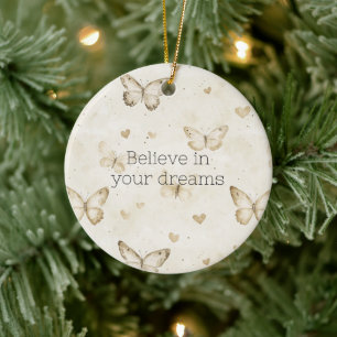 Cream Hearts Butterflies Christmas Ceramic Tree Decoration