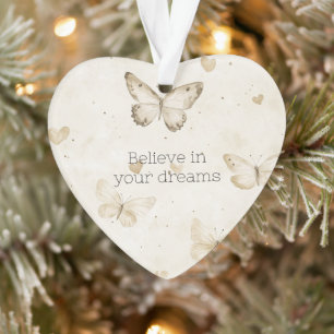 Cream Hearts Butterflies Christmas Ornament