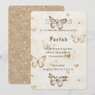 Cream Hearts Butterflies Gold Glitter Birthday Invitation