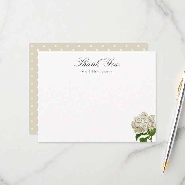 Cream Hydrangea Custom Name Thank You Flat Card (Front/Back In Situ)