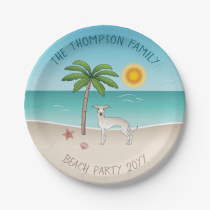 Cream Italian Greyhound At Tropical Summer Beach Paper Plate