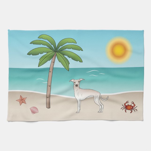Cream Italian Greyhound At Tropical Summer Beach Tea Towel (Horizontal)