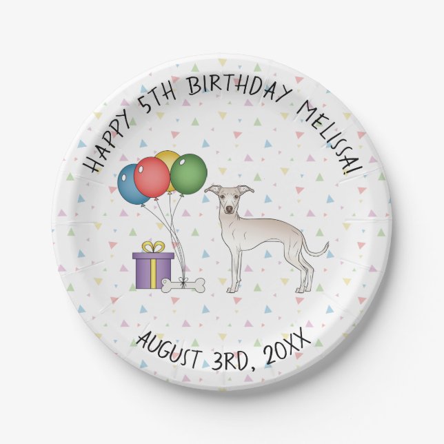 Cream Italian Greyhound Cute Cartoon Dog Birthday Paper Plate (Front)