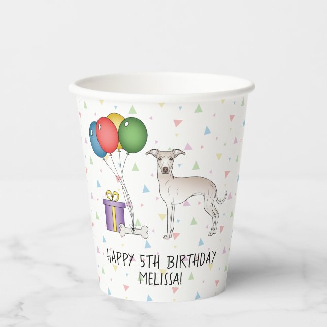 Cream Italian Greyhound Cute Dog - Happy Birthday Paper Cups (Front)