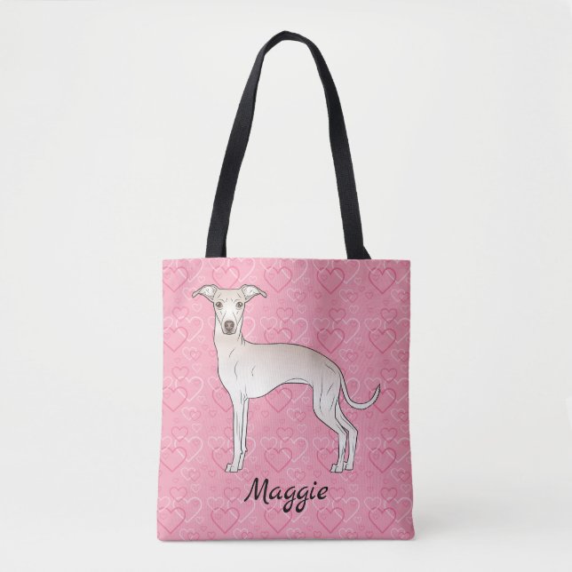 Cream Italian Greyhound Cute Dog On Pink Hearts Tote Bag (Front)