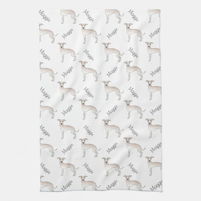 Cream Italian Greyhound Cute Dog Pattern With Name Tea Towel (Vertical)
