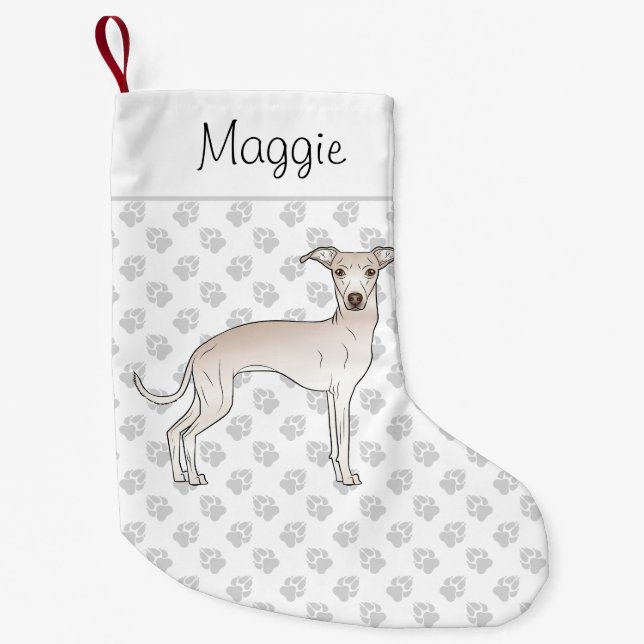 Cream Italian Greyhound Dog With Custom Name Small Christmas Stocking (Front)