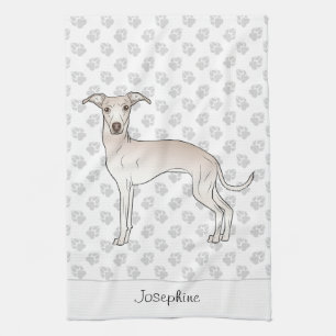 Cream Italian Greyhound With Custom Name Tea Towel