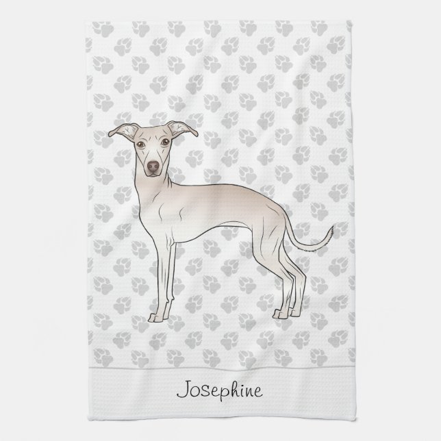 Cream Italian Greyhound With Custom Name Tea Towel (Vertical)