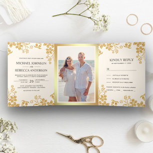 Cream Ivory and Gold Foil Floral Leaves Wedding Tri-Fold Invitation