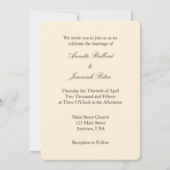 Cream Ivory Black Plain Simple Wedding Invitation (Front)