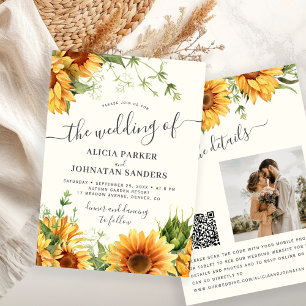 Cream ivory boho floral sunflower wedding invitation