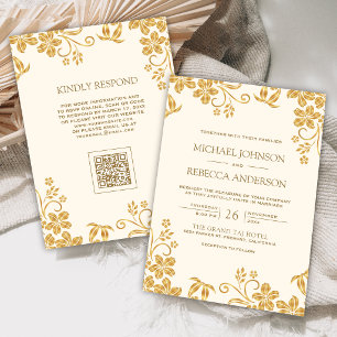 Cream Ivory Gold Floral Leaves QR Code Wedding Invitation