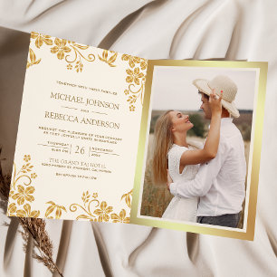 Cream Ivory Gold Floral Leaves QR Code Wedding Invitation