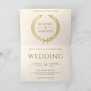 Cream Ivory Gold Laurel Minimal QR Code Wedding Invitation