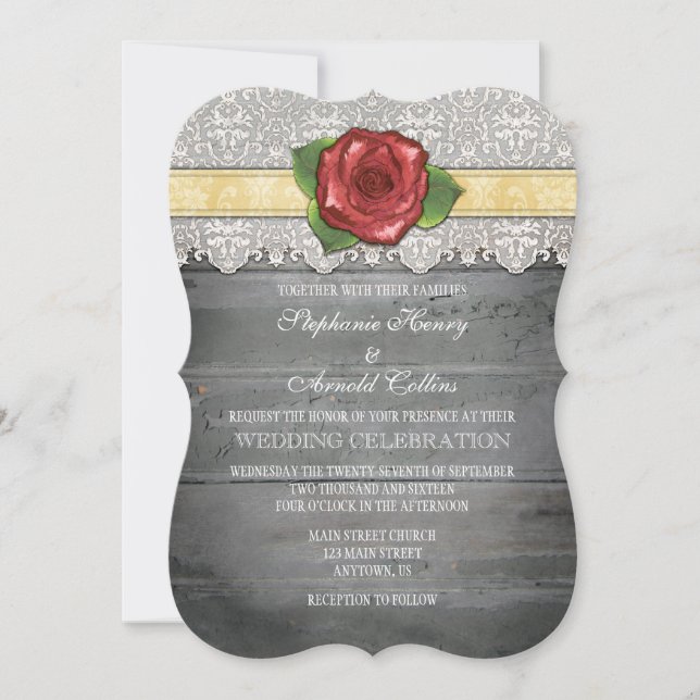 Cream Ivory Grey Rustic Wood Rose Wedding Invite (Front)