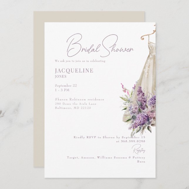 Cream & Lavender Wedding Dress Bridal Shower Invitation (Front/Back)