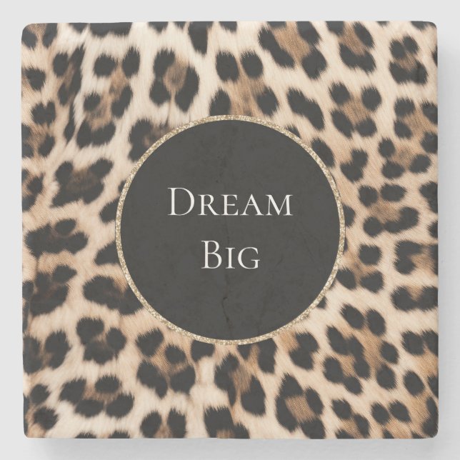 Cream Leopard Animal Gold Glitter Stone Coaster (Front)