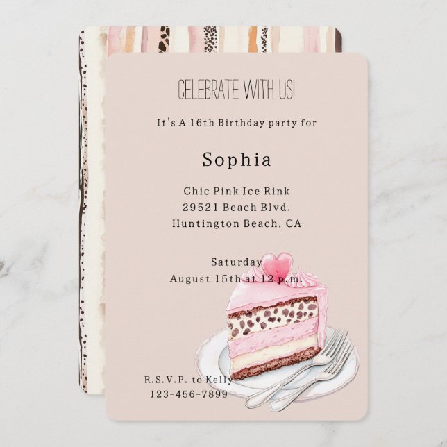 Cream Leopard Animal Pink Heart Cake Birthday Invitation (Front/Back)