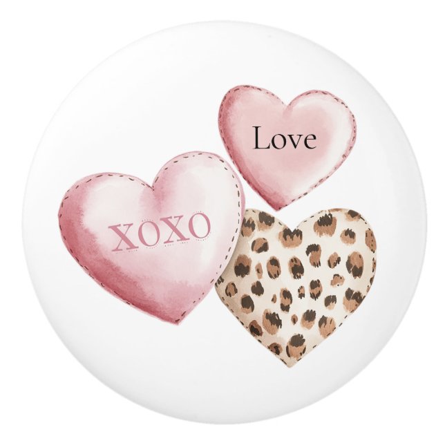 Cream Leopard Animal Print Pink Hearts   Ceramic Knob (Front)