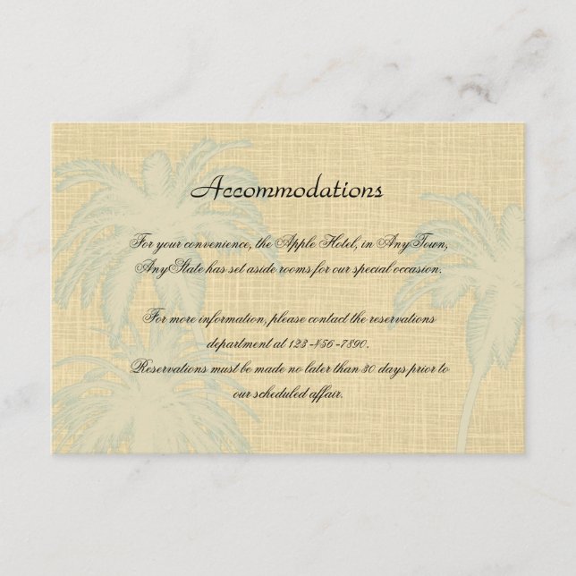 Cream Linen and Blue Palm Trees Wedding Insert (Front)