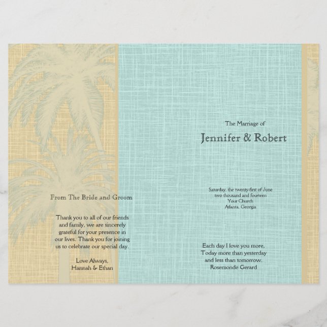 Cream Linen and Blue Palm Trees Wedding Program (Front)